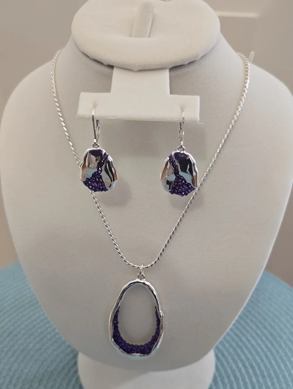 Nine West Brand Women's Silver Tone Necklace and Earring Set with Purple Accents